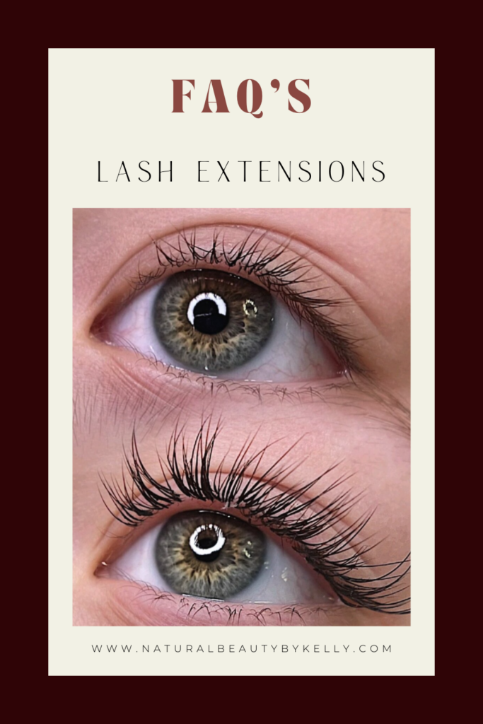 A pinterest graphic is shown with a before and after image of a Natural Beauty by Kelly lash client who had classic lash extensions applied.  1970s inspired font reads 'FAQ's Lash Extensions' at the top of the graphic. 