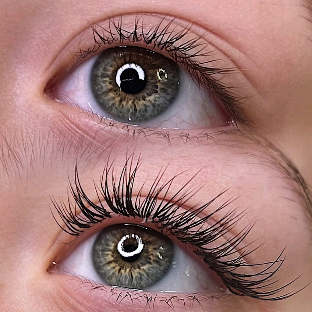 Hazel eyes are photographed before and after classic lash extensions at Natural Beauty by Kelly in Prescott, AZ.