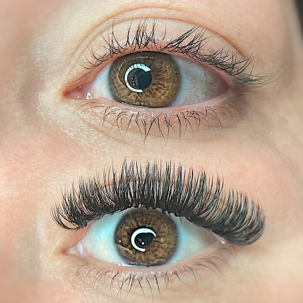 Brown eyes are photographed before and after volume lash extensions at Natural Beauty by Kelly in Prescott, AZ.