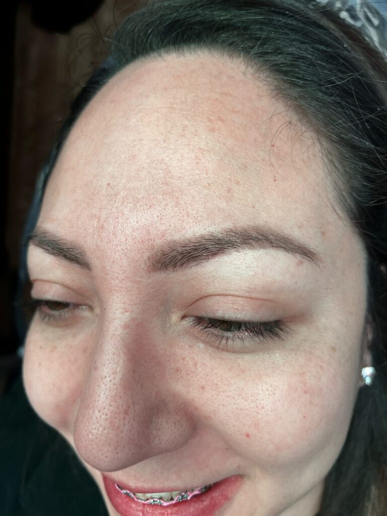 Powder brow tattoo by Prescott, Arizona permanent makeup artist, Kelly Reeves, right before an annual touch-up 